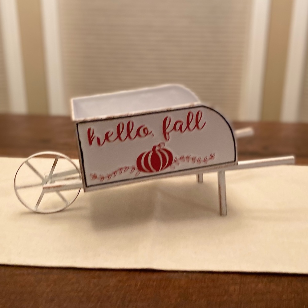 Fall Decor, Hello Fall Wheelbarrow Decor, Fall Metal Wheelbarrow Centerpiece - Picture 4 of 16